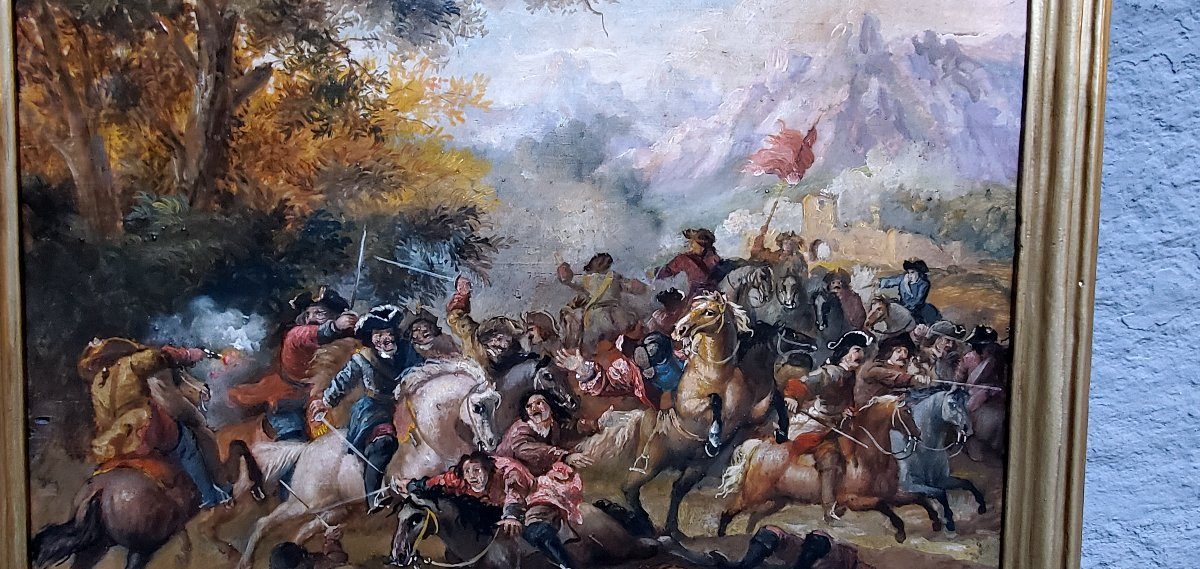 Oil Painting On Panel Depicting A Battle, 19th Century, Austro-german. -photo-5