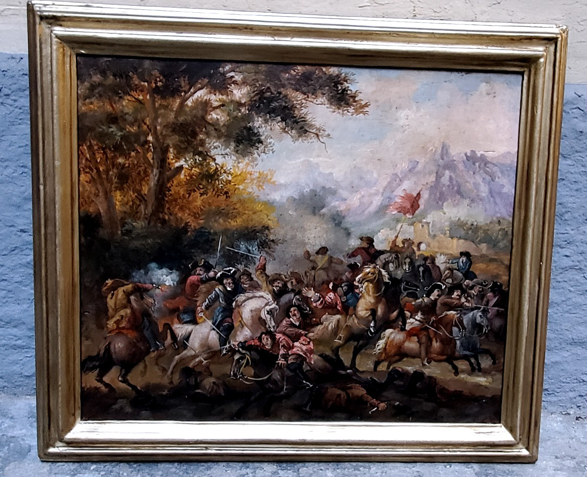 Oil Painting On Panel Depicting A Battle, 19th Century, Austro-german. 
