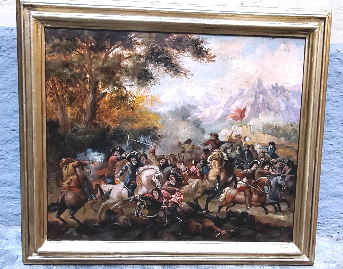 Oil Painting On Panel Depicting A Battle, 19th Century, Austro-german. 