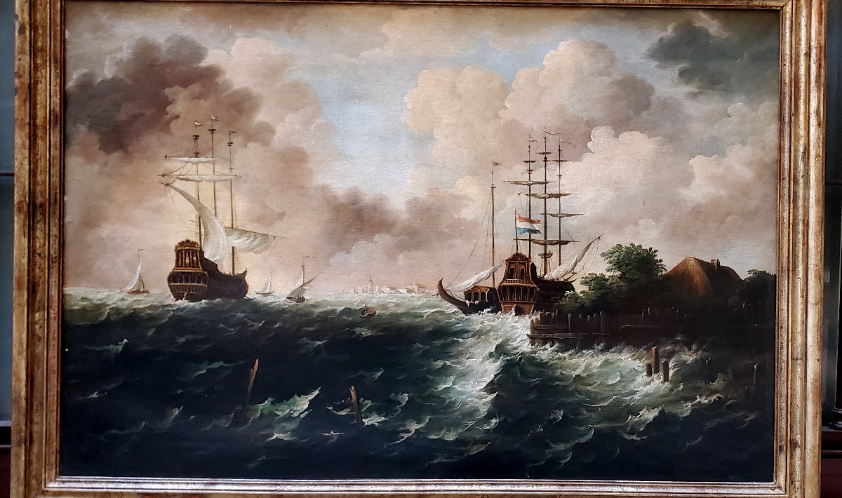 Huile sur toile représentant une marine avec des voiliers dans la tempête.-photo-2