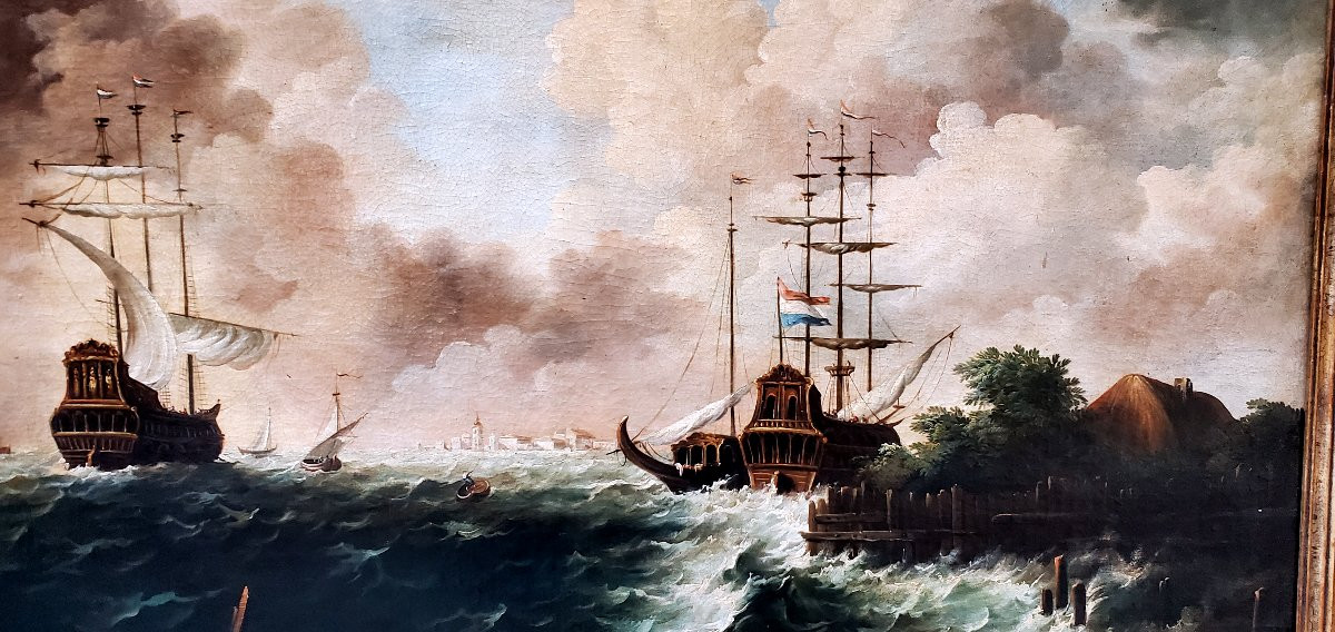 Huile sur toile représentant une marine avec des voiliers dans la tempête.-photo-3