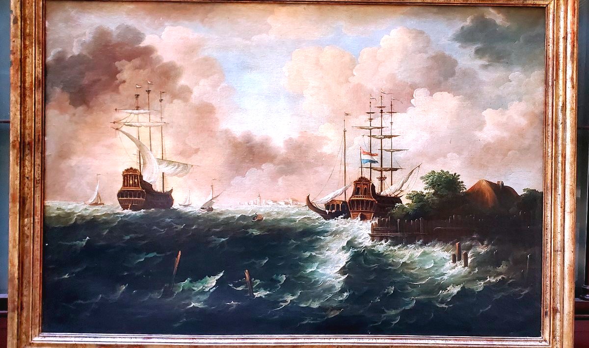 Oil Painting On Canvas Depicting A Seascape With Sailing Ships In A Storm-photo-2