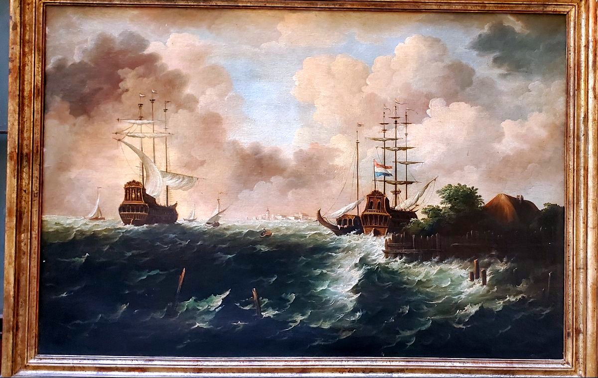 Oil Painting On Canvas Depicting A Seascape With Sailing Ships In A Storm-photo-4