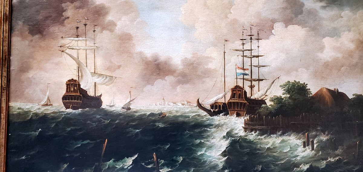 Huile sur toile représentant une marine avec des voiliers dans la tempête.-photo-2