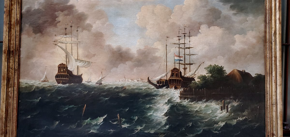 Huile sur toile représentant une marine avec des voiliers dans la tempête.-photo-3