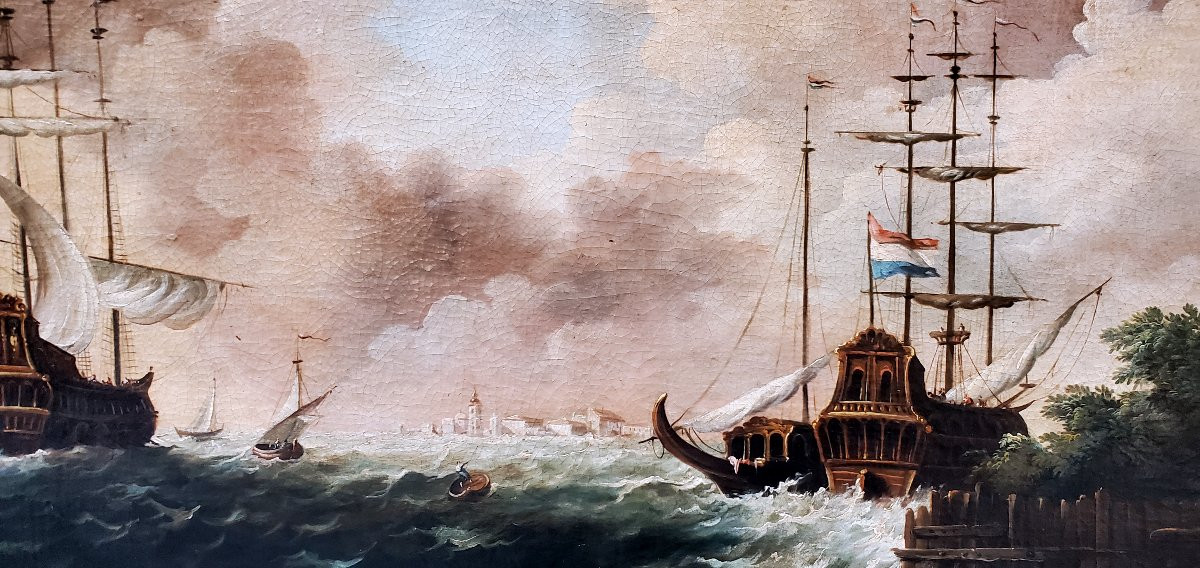 Huile sur toile représentant une marine avec des voiliers dans la tempête.-photo-5