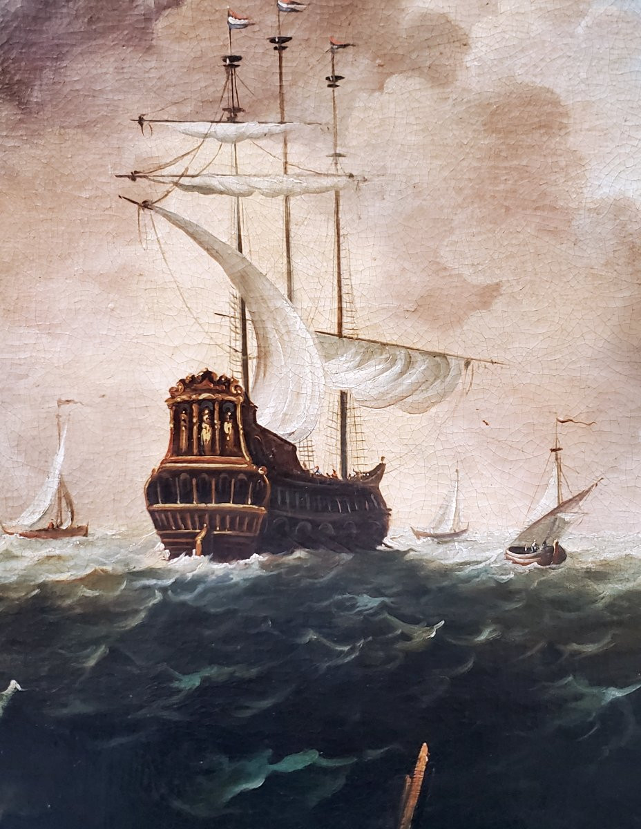 Huile sur toile représentant une marine avec des voiliers dans la tempête.-photo-6