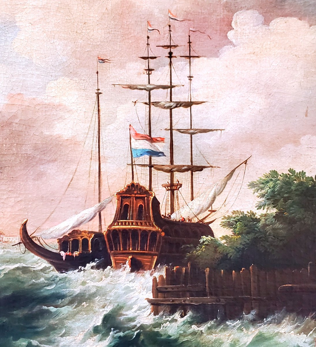 Huile sur toile représentant une marine avec des voiliers dans la tempête.-photo-7