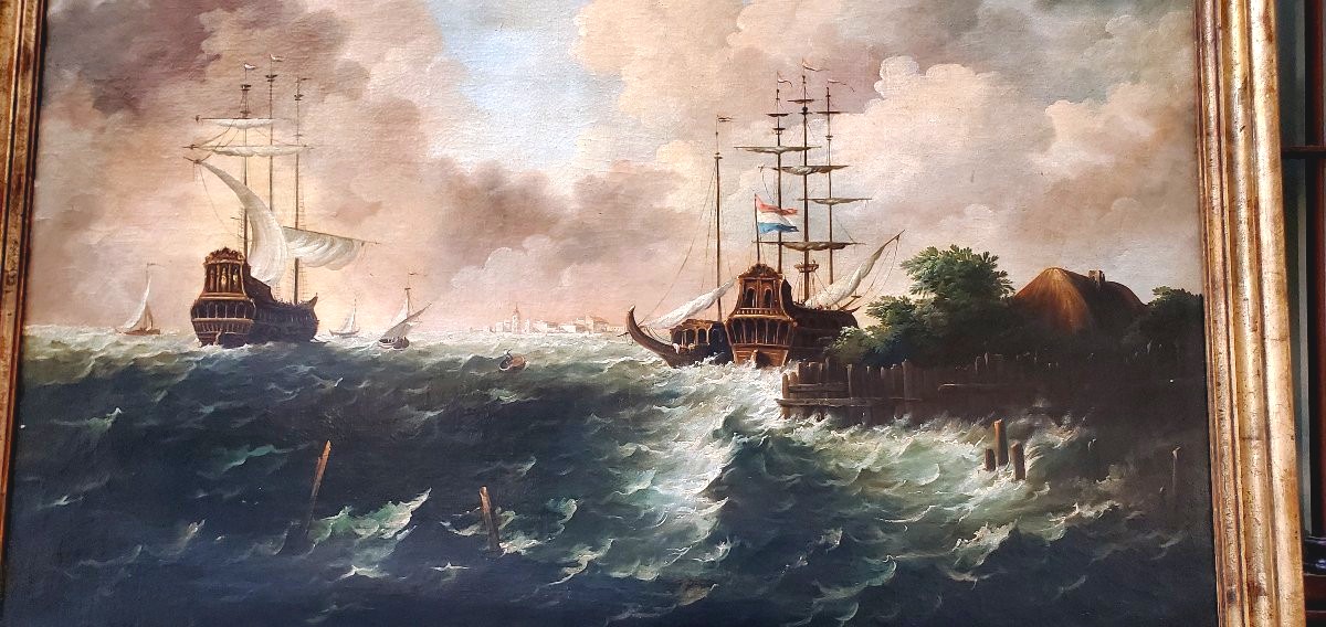 Oil Painting On Canvas Depicting A Seascape With Sailing Ships In A Storm-photo-1