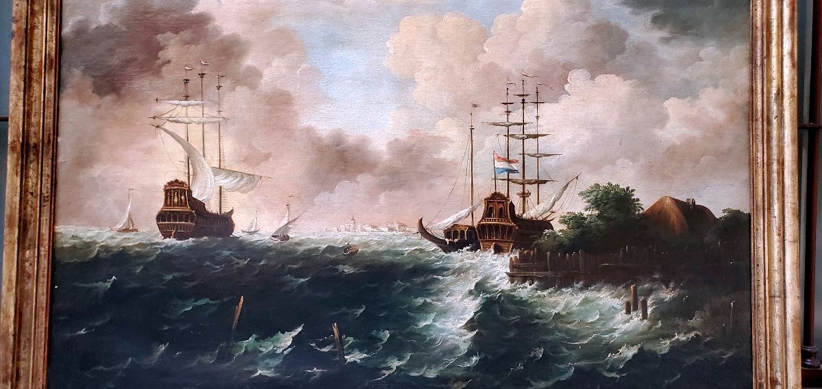Oil Painting On Canvas Depicting A Seascape With Sailing Ships In A Storm-photo-3