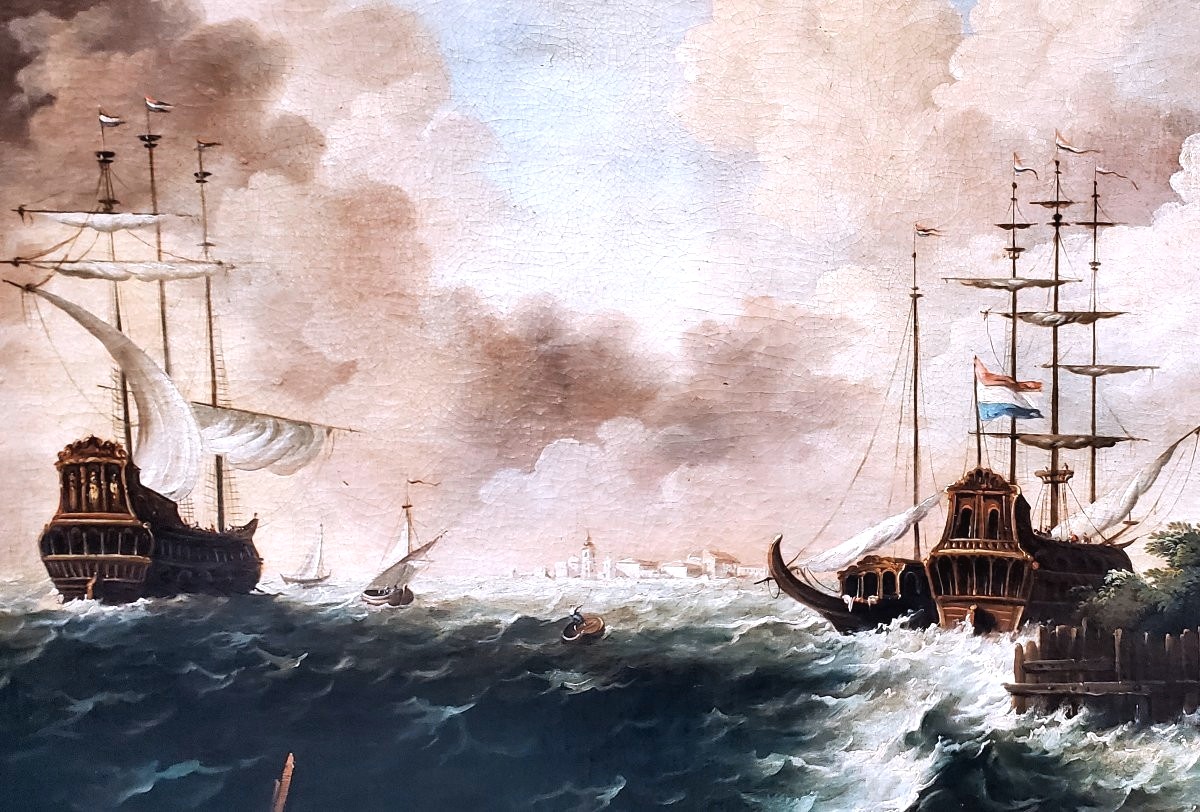 Oil Painting On Canvas Depicting A Seascape With Sailing Ships In A Storm-photo-4