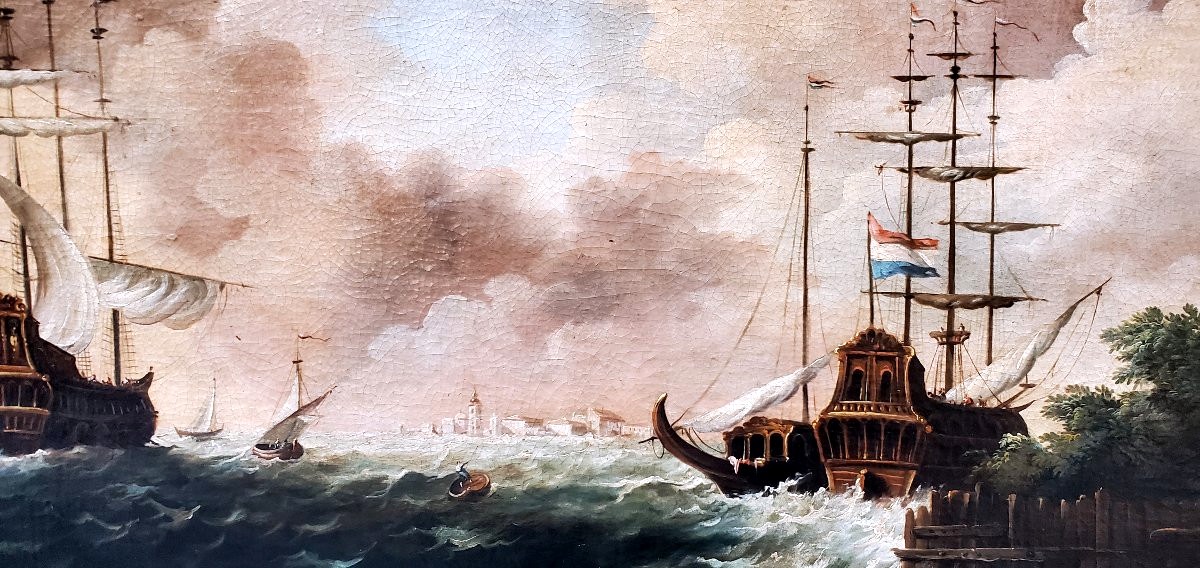 Oil Painting On Canvas Depicting A Seascape With Sailing Ships In A Storm-photo-5