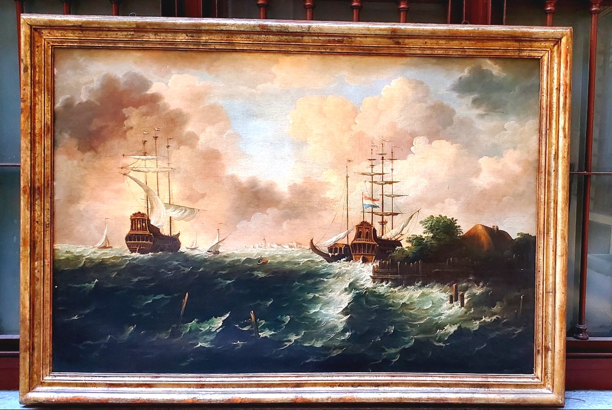 Oil Painting On Canvas Depicting A Seascape With Sailing Ships In A Storm