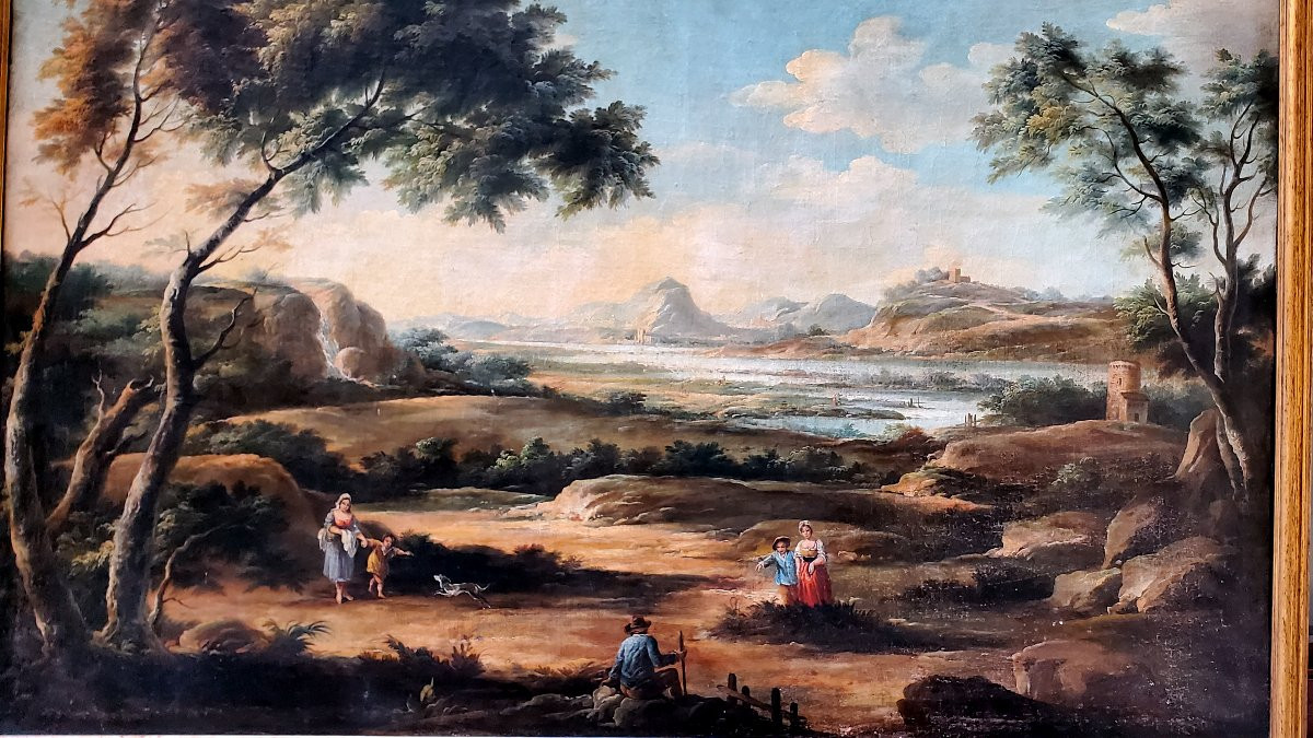Huile sur toile représentant un paysage avec personnages et vue sur une rivière-photo-2