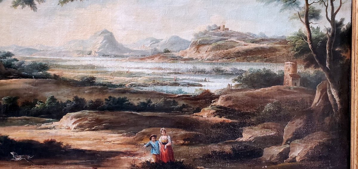 Huile sur toile représentant un paysage avec personnages et vue sur une rivière-photo-3
