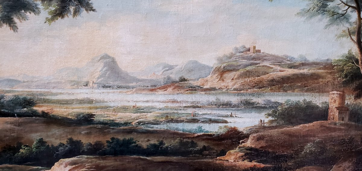 Huile sur toile représentant un paysage avec personnages et vue sur une rivière-photo-4