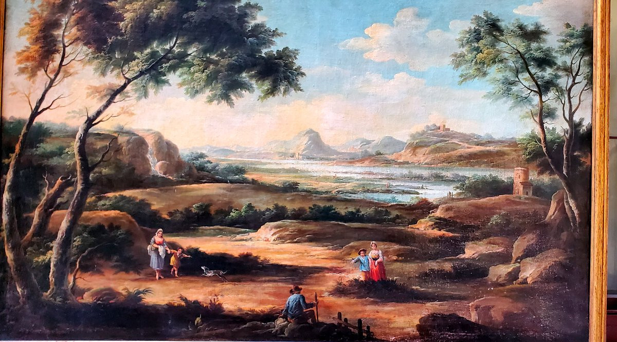 Huile sur toile représentant un paysage avec personnages et vue sur une rivière-photo-1