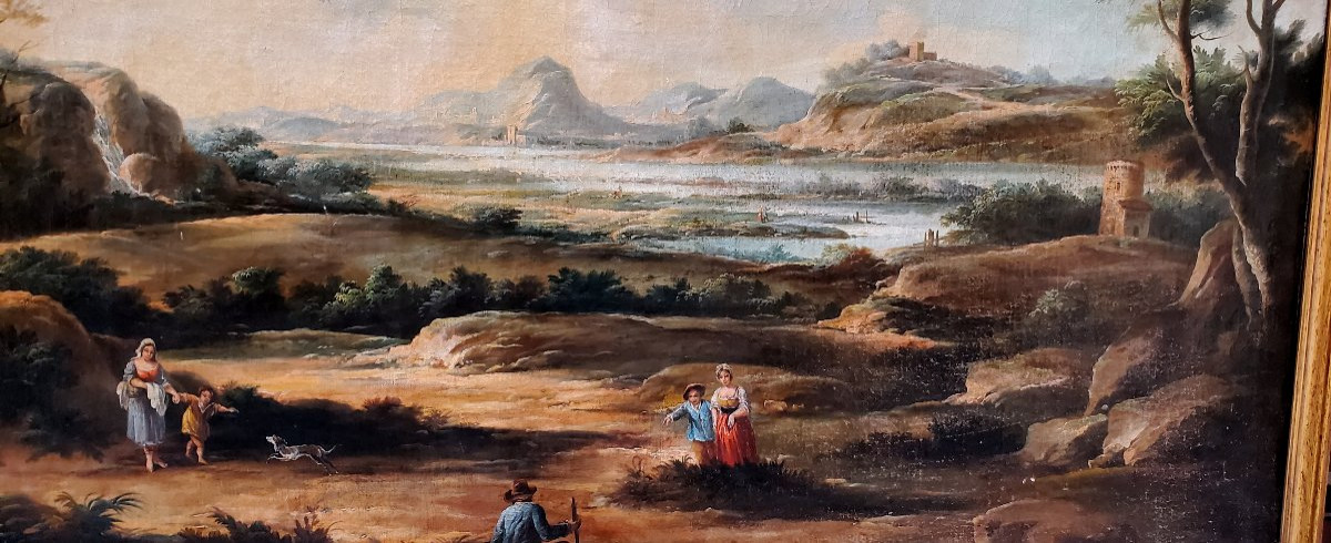 Huile sur toile représentant un paysage avec personnages et vue sur une rivière-photo-2
