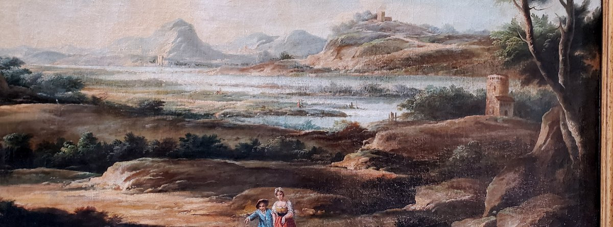 Huile sur toile représentant un paysage avec personnages et vue sur une rivière-photo-3