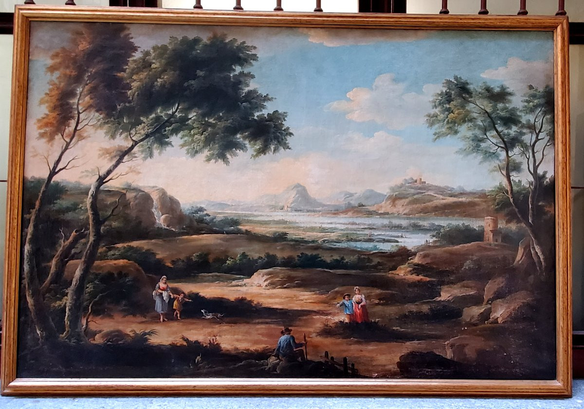 Huile sur toile représentant un paysage avec personnages et vue sur une rivière-photo-4