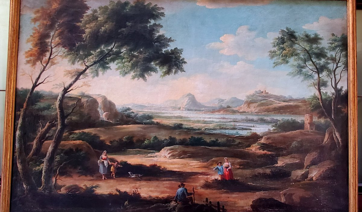 Huile sur toile représentant un paysage avec personnages et vue sur une rivière-photo-5