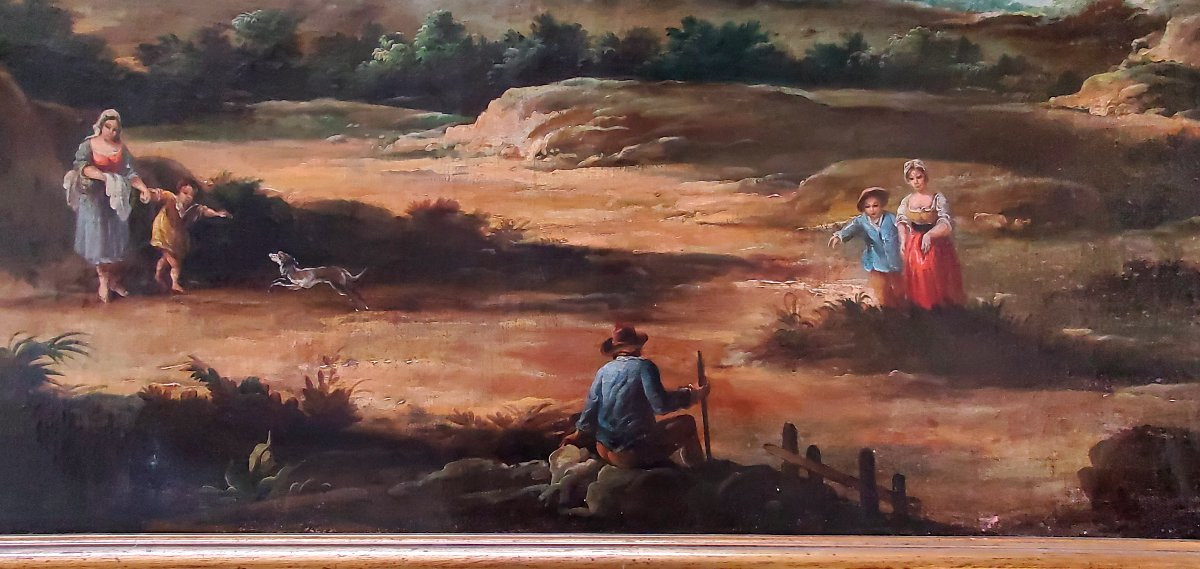 Huile sur toile représentant un paysage avec personnages et vue sur une rivière-photo-6