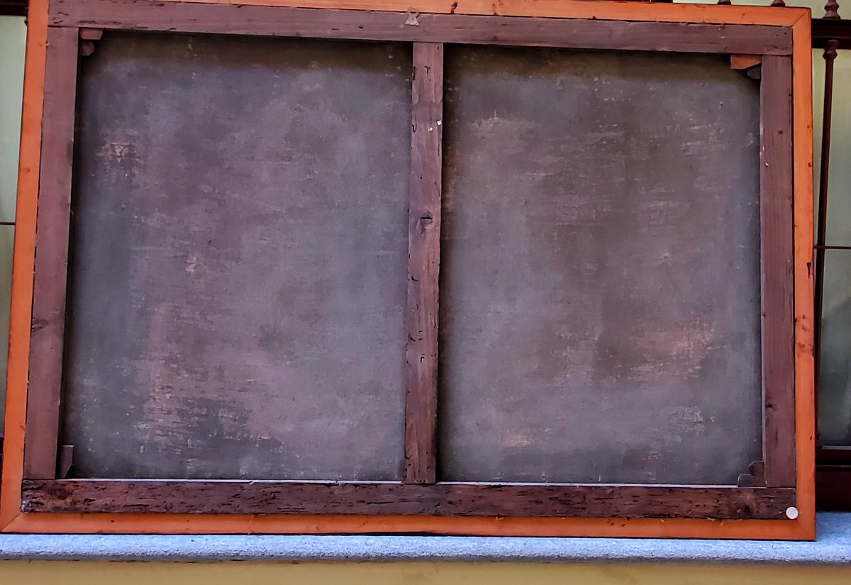 Huile sur toile représentant un paysage avec personnages et vue sur une rivière-photo-7