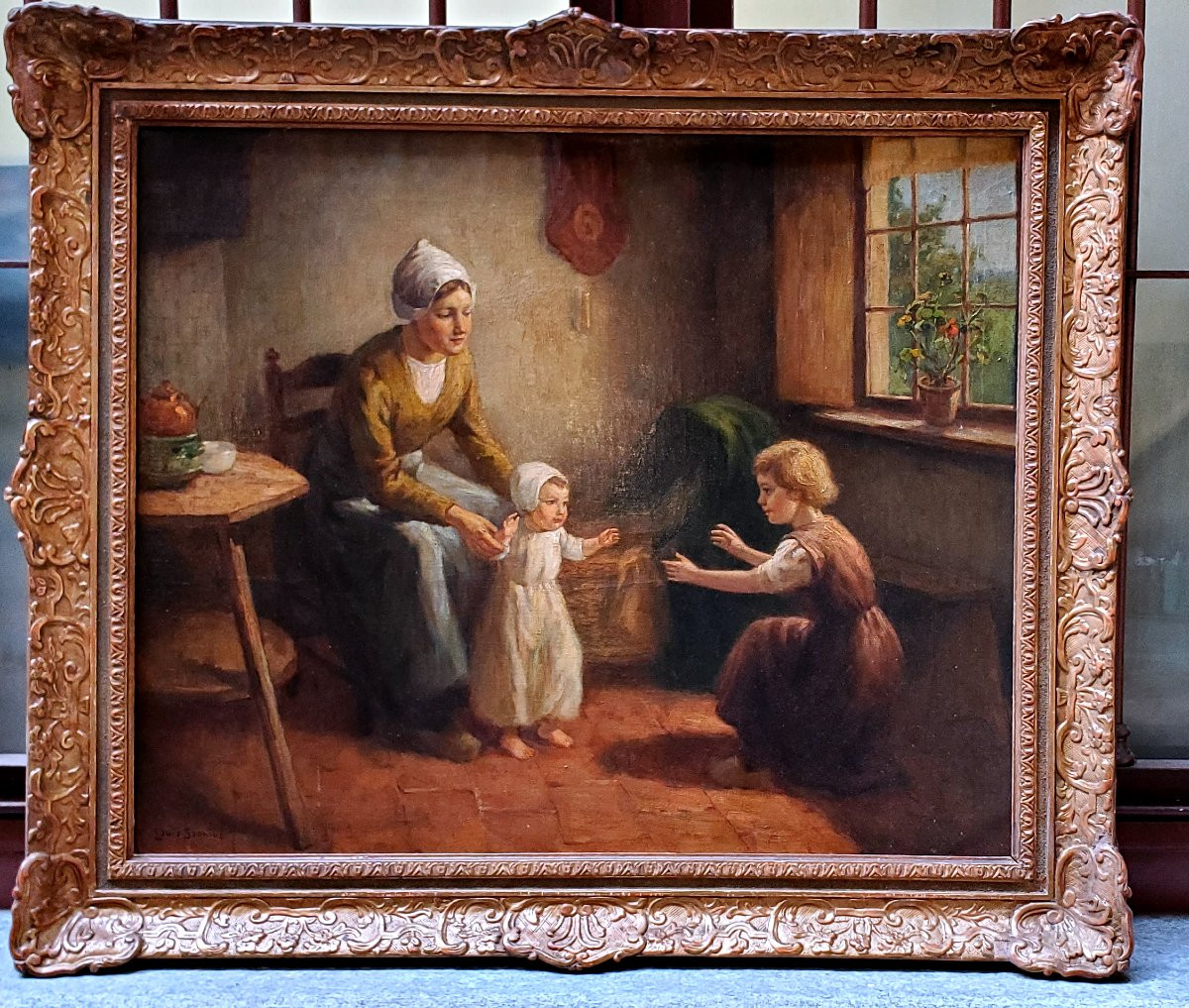 Peinture à l'huile sur toile représentant une mère avec des enfants par Louis Soonius 1883-1956-photo-2
