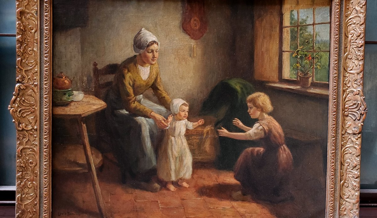 Peinture à l'huile sur toile représentant une mère avec des enfants par Louis Soonius 1883-1956-photo-3