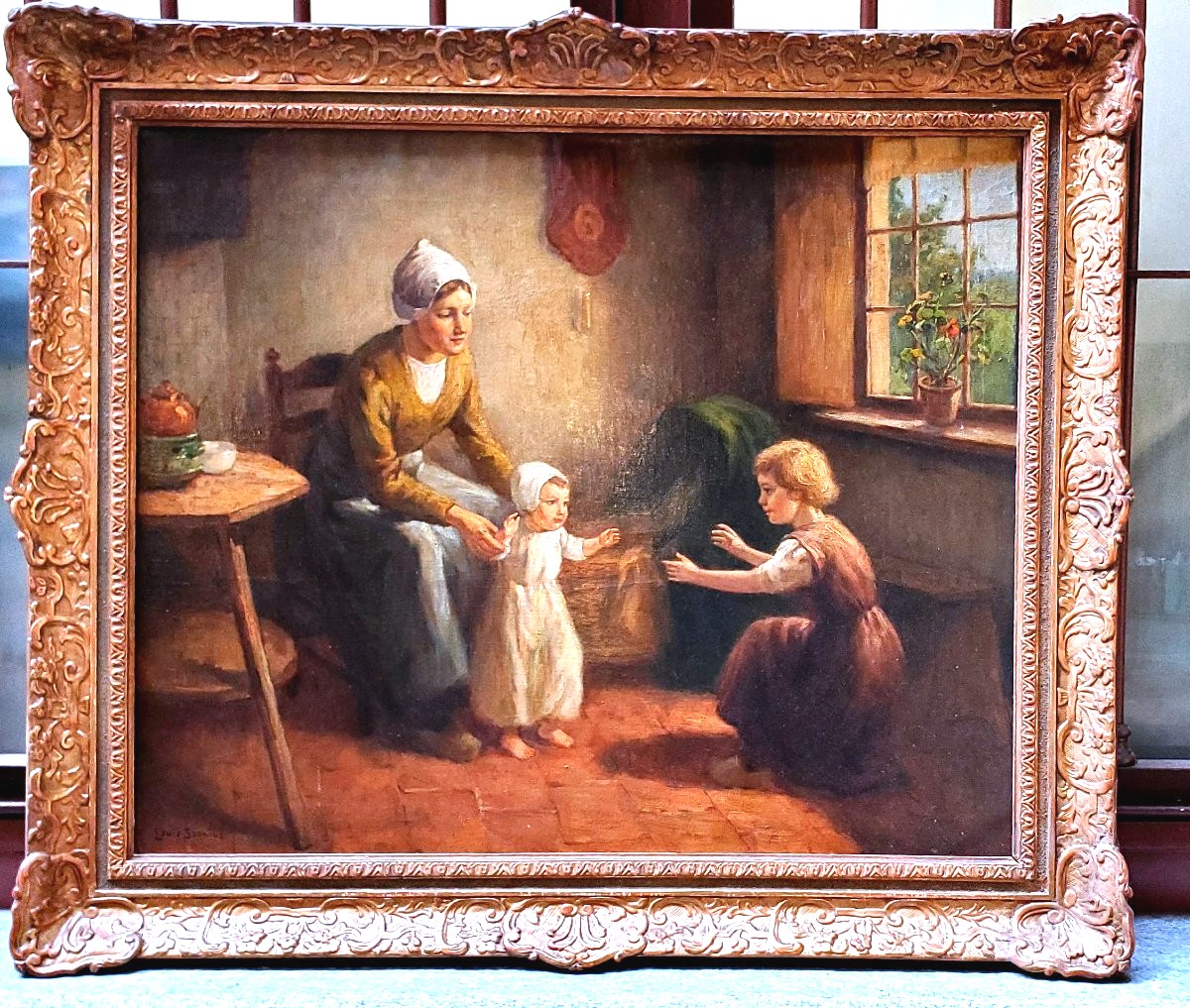 Peinture à l'huile sur toile représentant une mère avec des enfants par Louis Soonius 1883-1956-photo-2