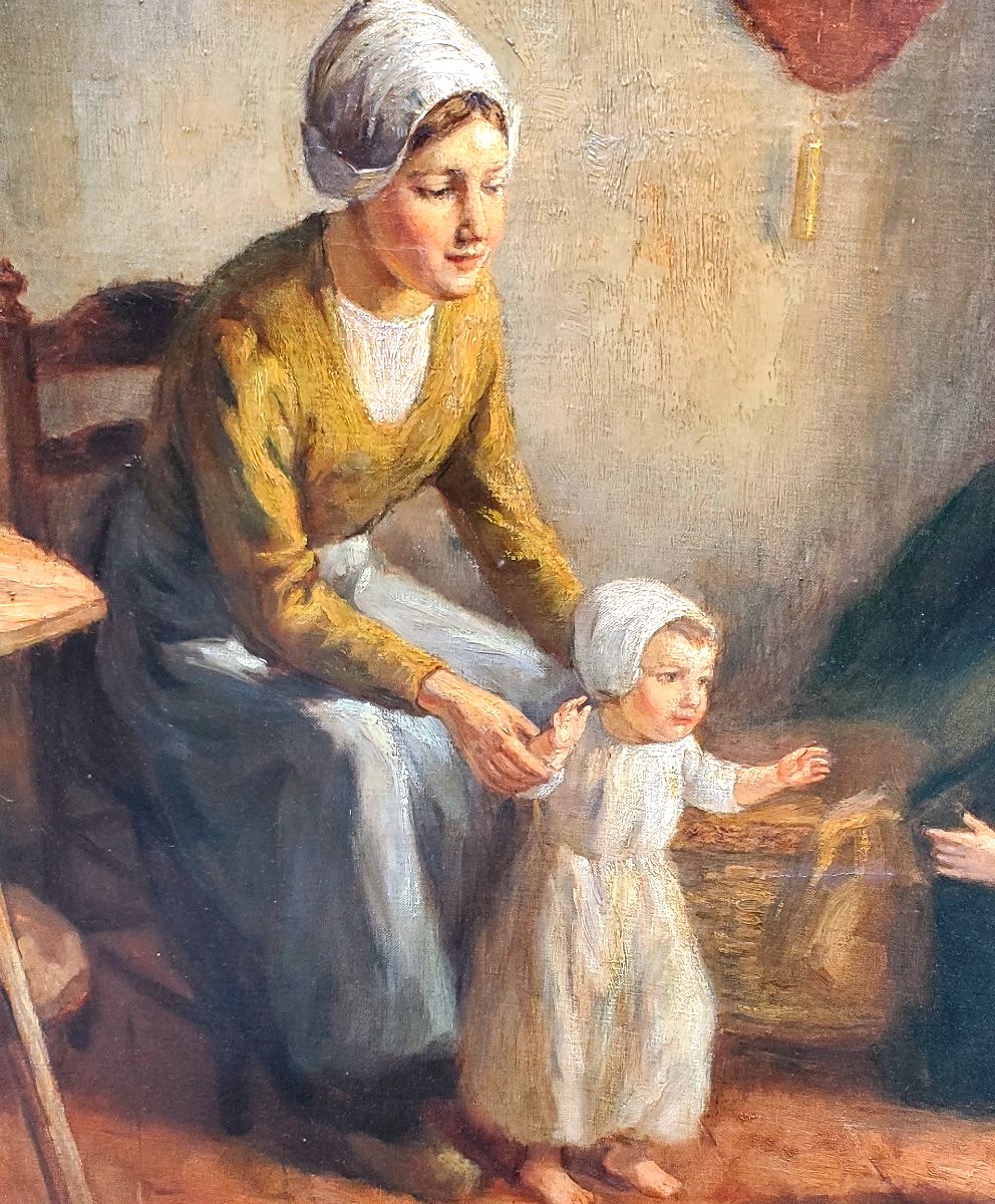 Peinture à l'huile sur toile représentant une mère avec des enfants par Louis Soonius 1883-1956-photo-4