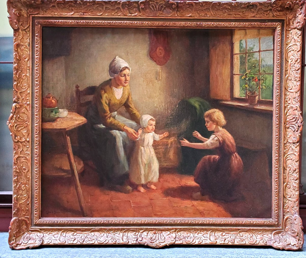 Peinture à l'huile sur toile représentant une mère avec des enfants par Louis Soonius 1883-1956-photo-1