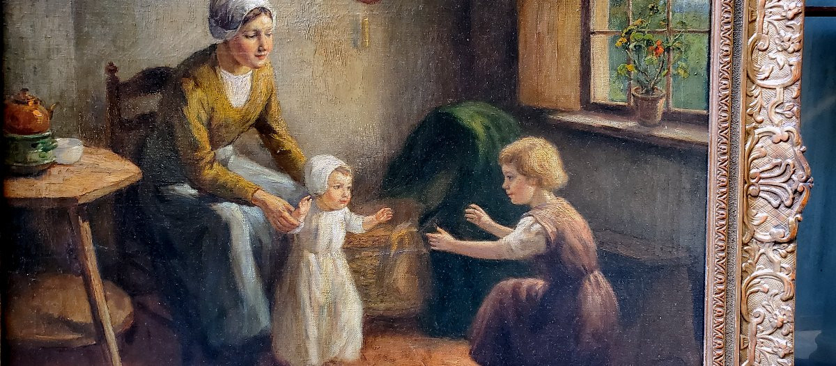 Peinture à l'huile sur toile représentant une mère avec des enfants par Louis Soonius 1883-1956-photo-3