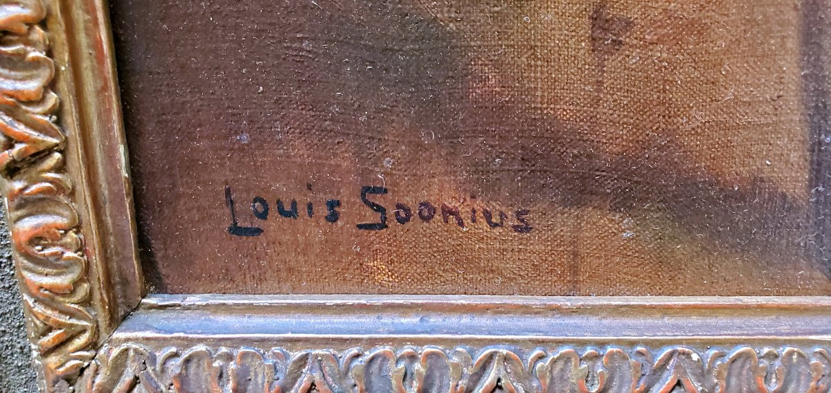 Peinture à l'huile sur toile représentant une mère avec des enfants par Louis Soonius 1883-1956-photo-4