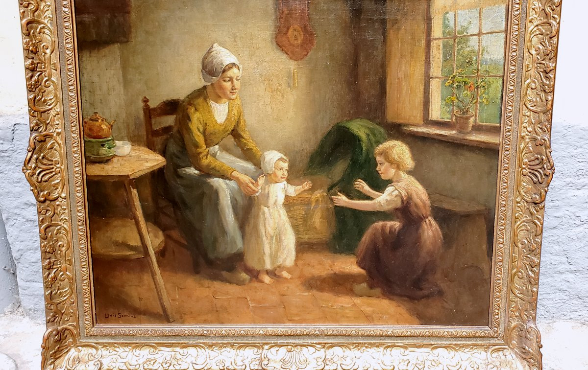 Peinture à l'huile sur toile représentant une mère avec des enfants par Louis Soonius 1883-1956-photo-5
