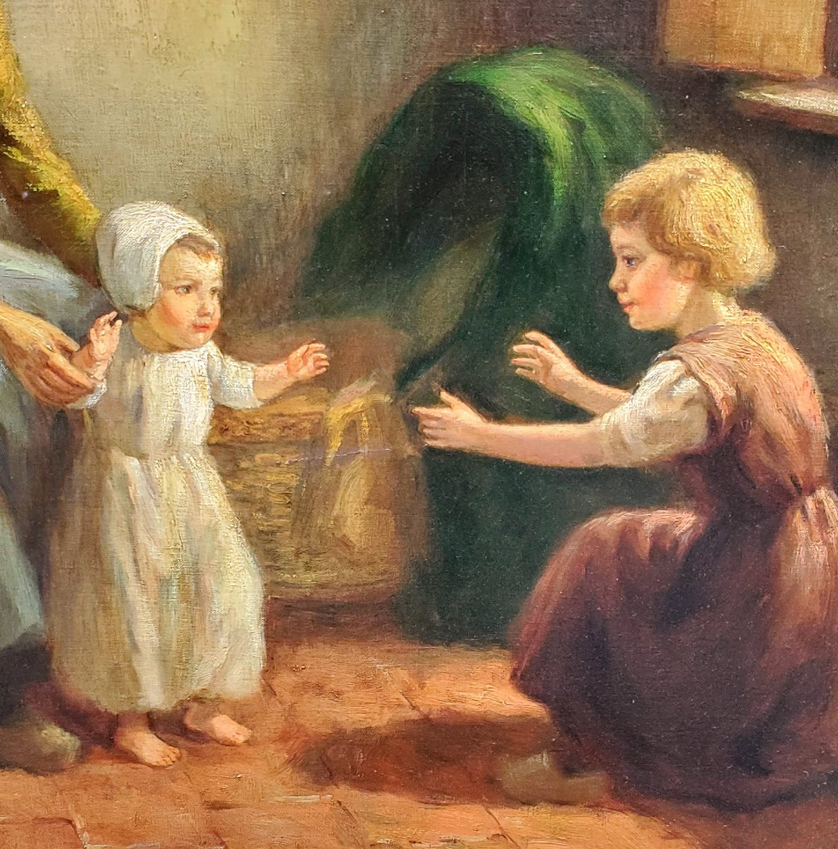 Peinture à l'huile sur toile représentant une mère avec des enfants par Louis Soonius 1883-1956-photo-6