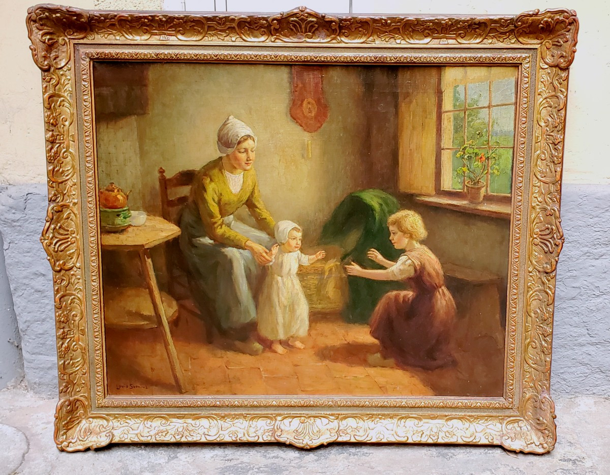 Peinture à l'huile sur toile représentant une mère avec des enfants par Louis Soonius 1883-1956