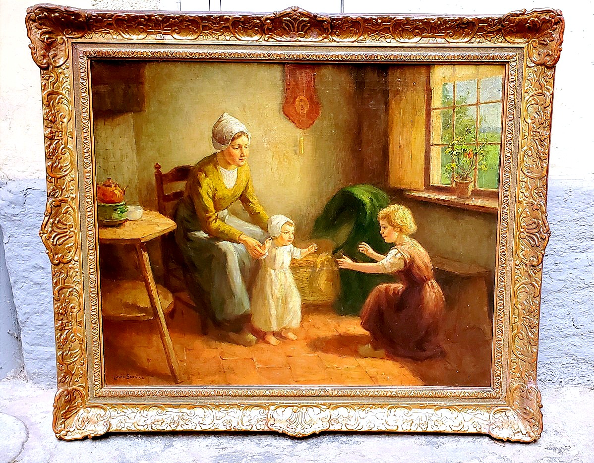 Peinture à l'huile sur toile représentant une mère avec des enfants par Louis Soonius 1883-1956