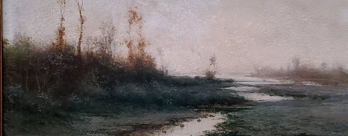 Huile Sur Toile Ancienne Représentant Un Paysage Fluvial, Par Le Piéintre Piémontais Giacintobo-photo-2