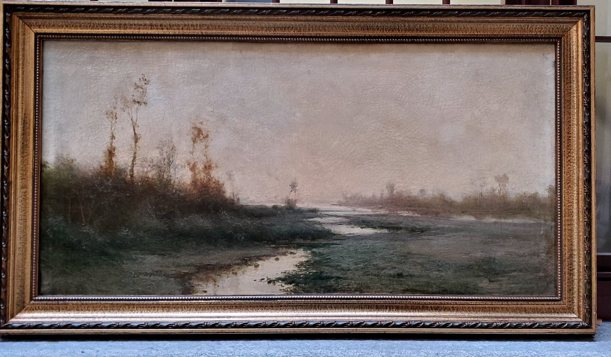Huile Sur Toile Ancienne Représentant Un Paysage Fluvial, Par Le Piéintre Piémontais Giacintobo-photo-1
