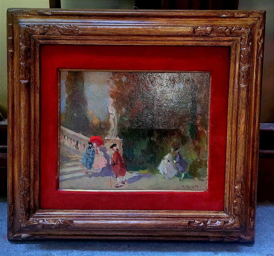 Oil Painting Depicting Elegant Figures Strolling In A Park