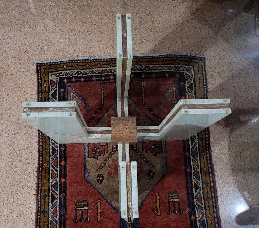 Designer Table In Travertine And Marble, With A 140x140 Cm Glass Top-photo-2