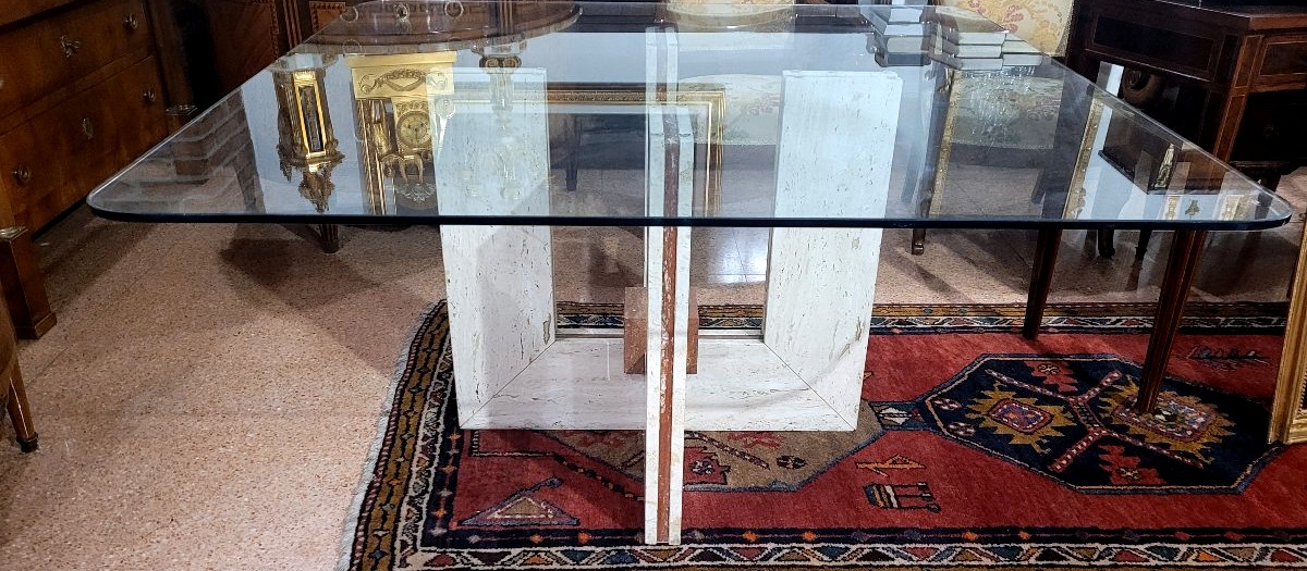 Designer Table In Travertine And Marble, With A 140x140 Cm Glass Top-photo-4