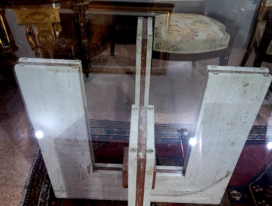 Designer Table In Travertine And Marble, With A 140x140 Cm Glass Top-photo-1