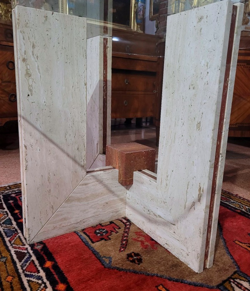 Designer Table In Travertine And Marble, With A 140x140 Cm Glass Top-photo-2