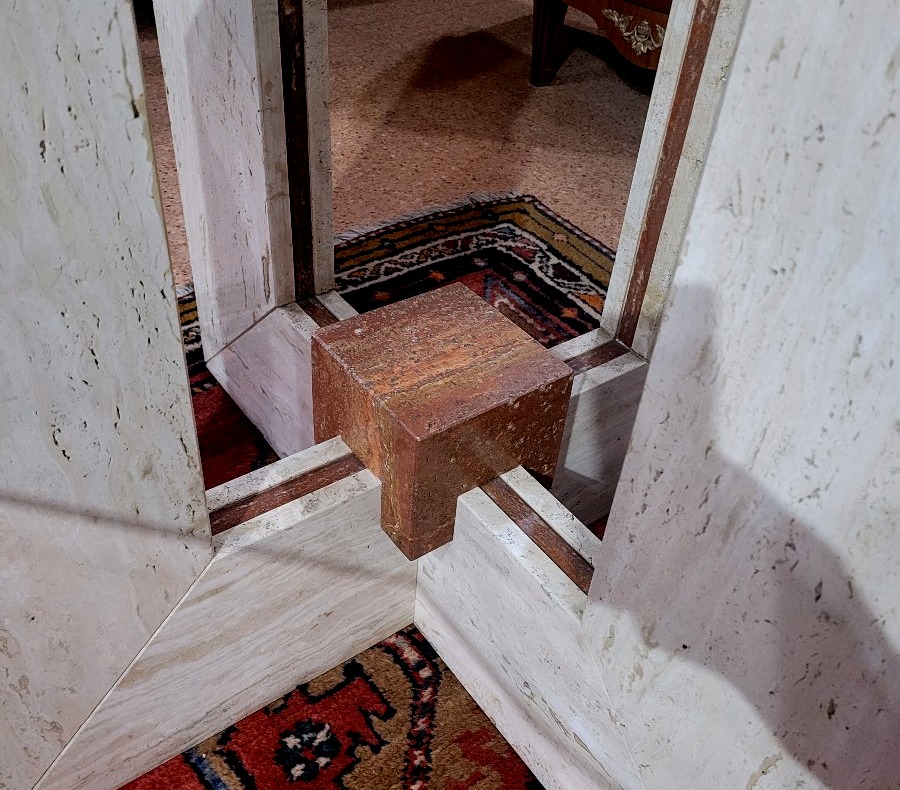 Designer Table In Travertine And Marble, With A 140x140 Cm Glass Top-photo-5