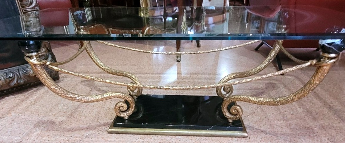 Coffee Table In Gilded Bronze, Marble, And Glass – Late 1970s-photo-3