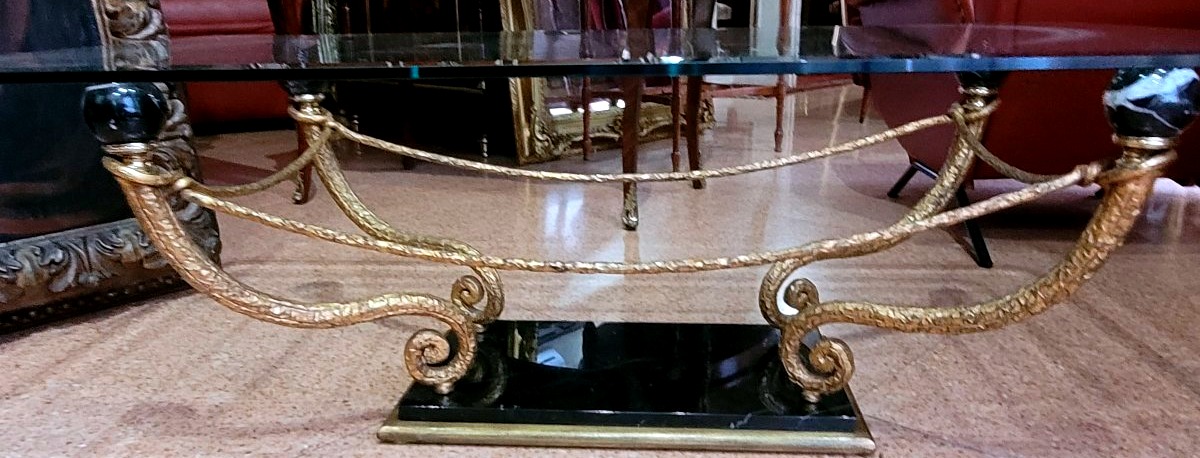 Coffee Table In Gilded Bronze, Marble, And Glass – Late 1970s-photo-5