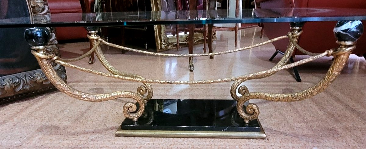 Coffee Table In Gilded Bronze, Marble, And Glass – Late 1970s