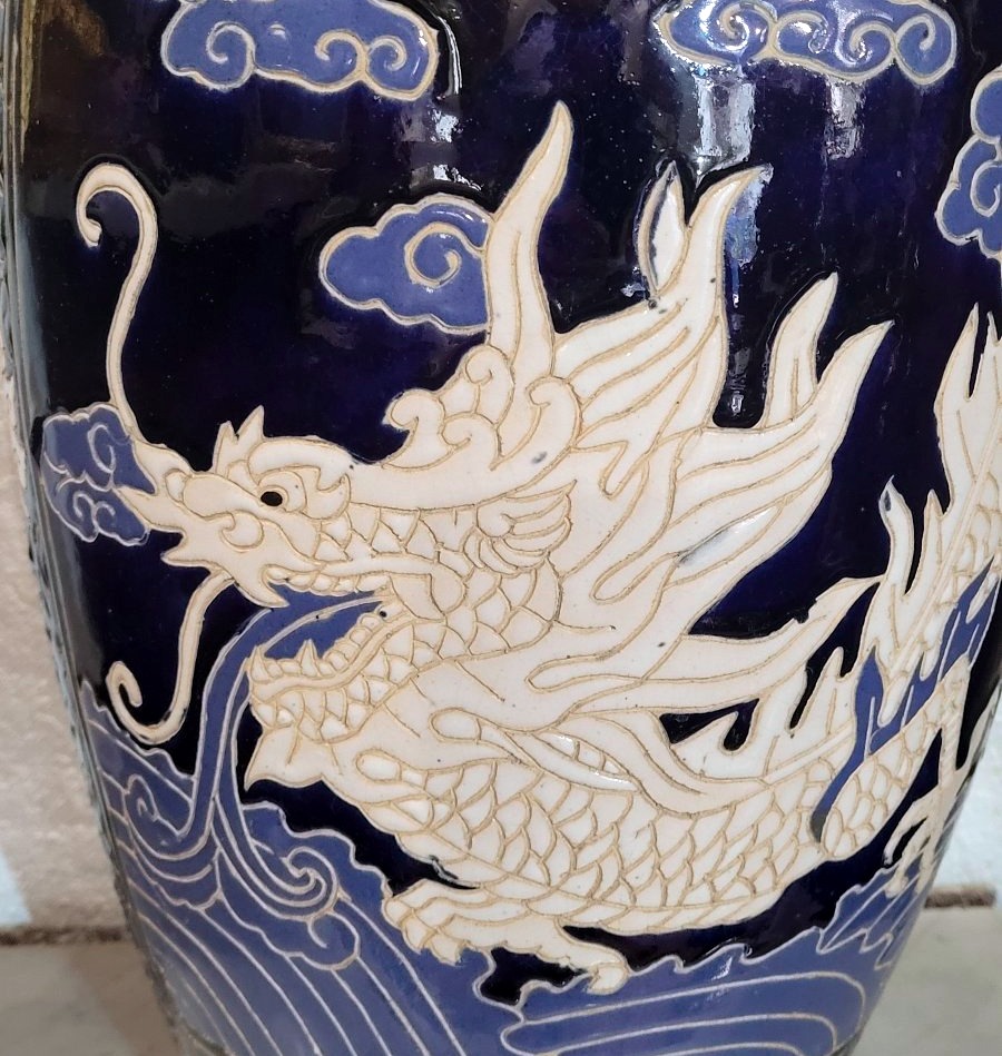 Ceramic Vase Decorated With A Dragon, Cobalt Blue Background-photo-2
